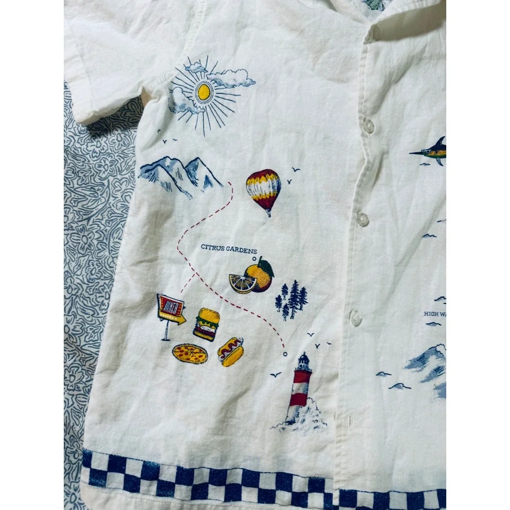 Old Navy Size XL Boy Printed Short-Sleeve Linen-Blend Buttom Up Shirt Travel